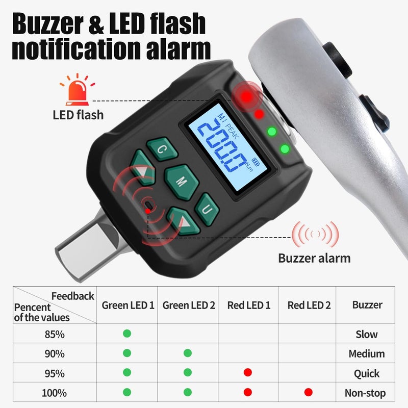 X-Lite 1/2“ Digital Torque Adapter Set with Socket Adapters (1/4", 3/8") - ±2% Accuracy, 7.4-147.5 ft-lb, Buzzer & LED Alerts, Working with Ratchet Wrench, Breaker Bar - For Automotive, Motorcycle & Car - Image 3